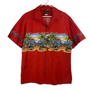 Hawaiian Reserve Collection Hawaii Aloha Shirt LARGE Red Island Motorcycle Bike